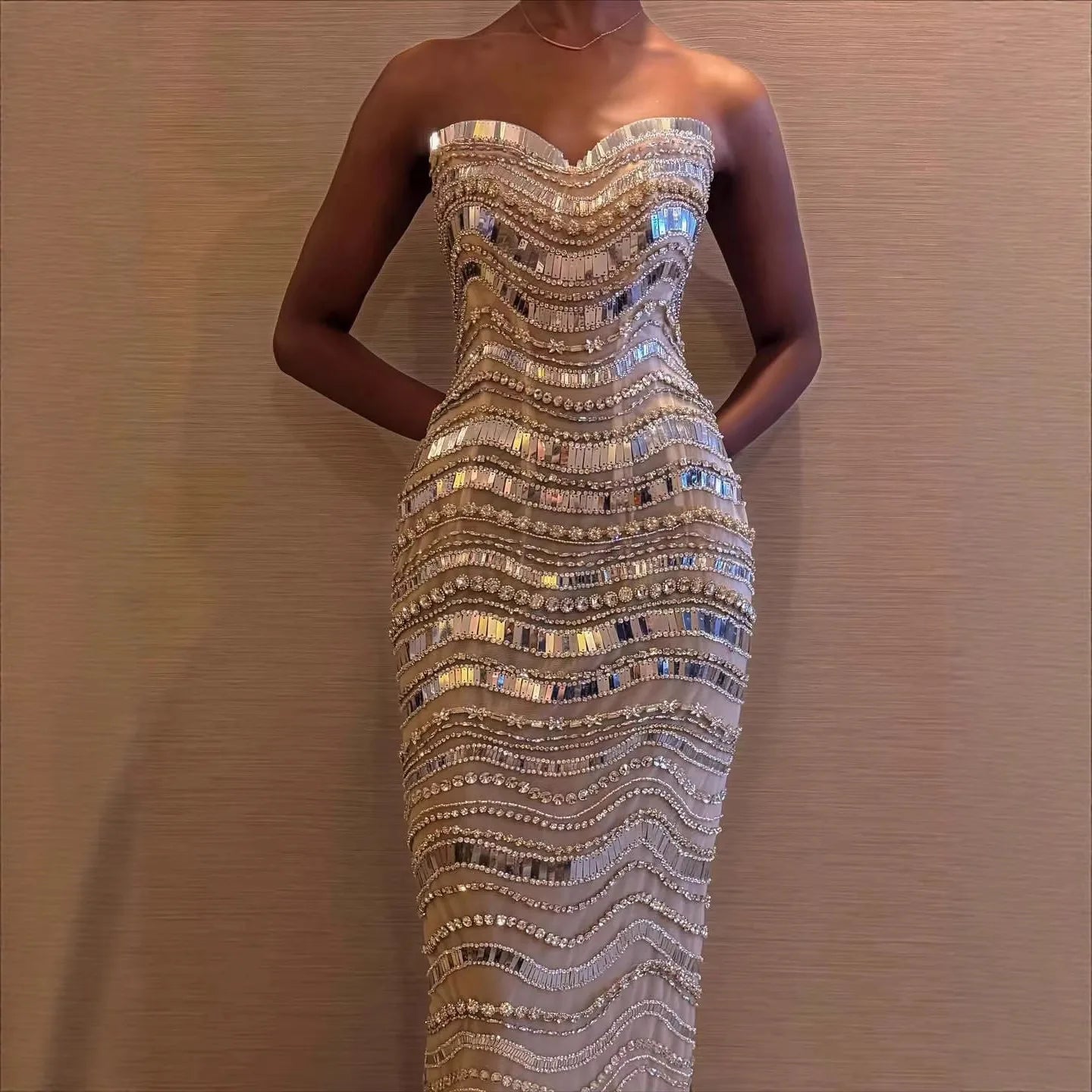 Luxury Silver Nude Beaded Mermaid Evening Dress LA73449 - SERENE HILL