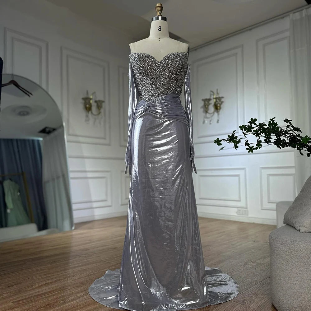 Luxury Dubai Elegant White Arabic Evening Gown with Crystal Beaded Dress and Gloves for Formal Occasion LA72758 - SERENE HILL