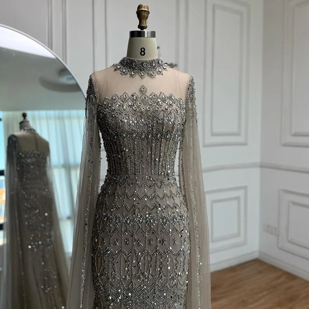 Luxury Nude Beaded Evening Dress with Long Cape Sleeves LA72714A - SERENE HILL