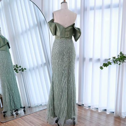Sage Green Off Shoulder Tassel Beaded Mermaid Evening Dress LA73037 - SERENE HILL