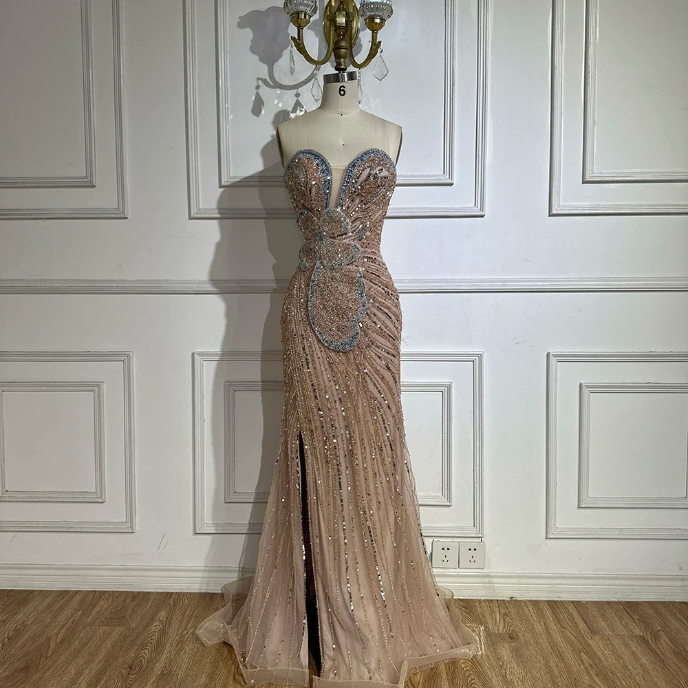 Luxury Dubai Saudi Arabic Pink Mermaid Evening Dress with High Split for Formal Occasion LA72480 - SERENE HILL