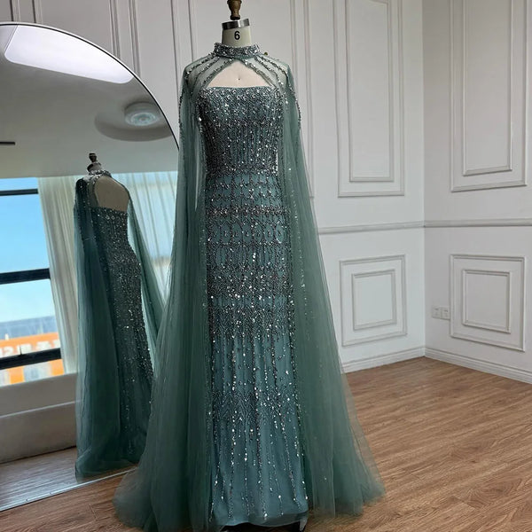 Luxury Turquoise Beaded Evening Dress with Detachable Cape LA72714B