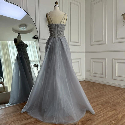 Luxury Nude Spaghetti Strap Mermaid Evening Dress with Overskirt Beaded LA73090 - SERENE HILL