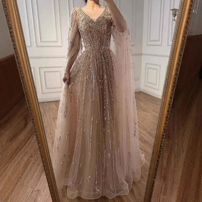 Luxury Nude Beaded Evening Dress with Cape Sleeves for Formal Occasion LA72764A - SERENE HILL