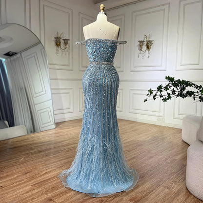 Luxury Dubai Caramel Spaghetti Strap Mermaid Gown Feathers Beaded Luxury Saudi Evening Dress for Formal Occasion LA72715 - SERENE HILL