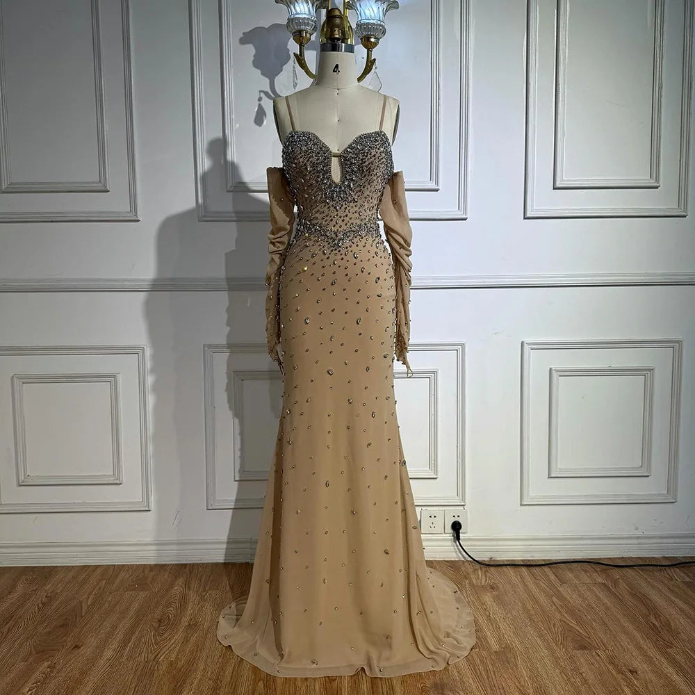 Luxury Nude Beaded Dress with Detachable Sleeves LA73065 - SERENE HILL