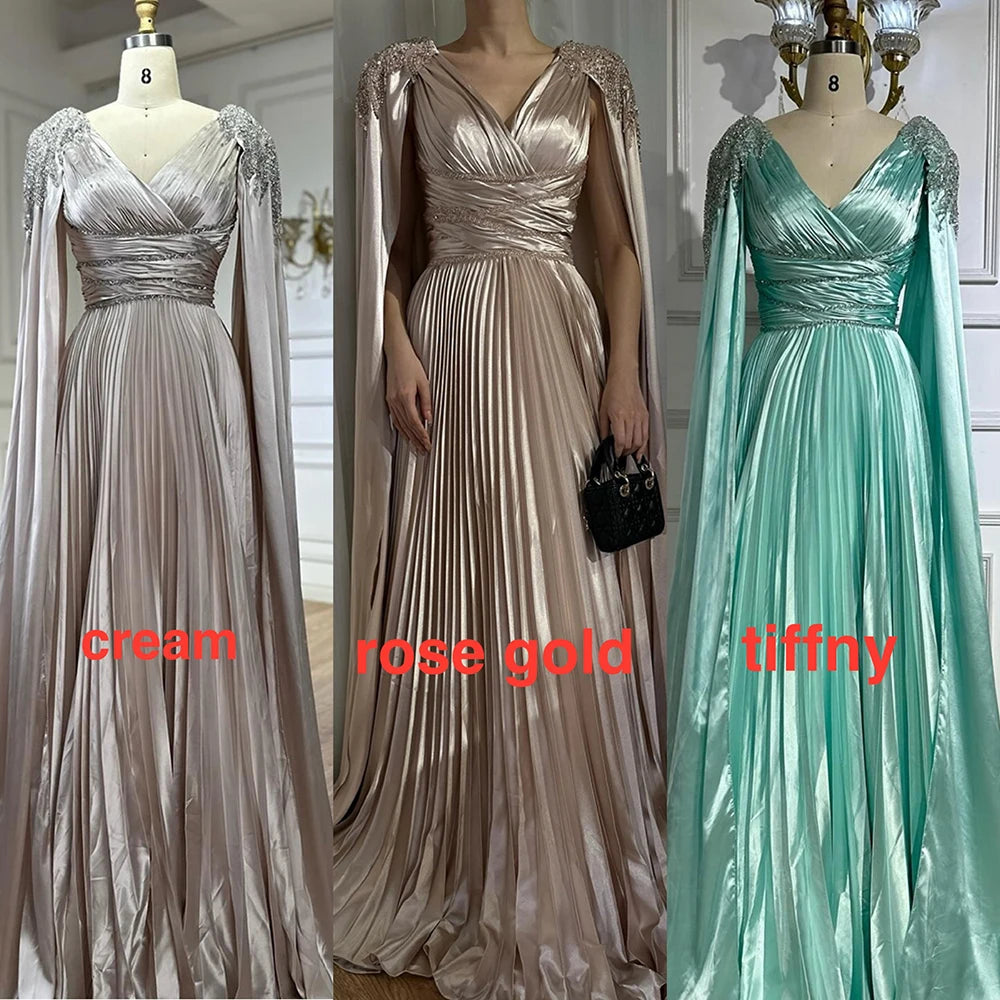 Rose Gold Beaded Satin A-Line Evening Dress with Cape Sleeves LA72663 - SERENE HILL