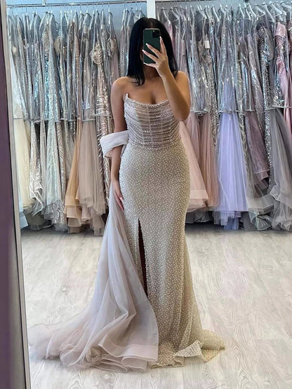 Luxury Evening Dress Nude BeadedSheath Gown With Tulle Train LA73388 - SERENE HILL