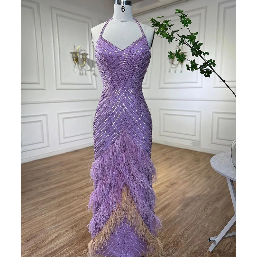 Lilac Feather Halter Mermaid Luxury Dubai Evening Dress LA72056 - SERENE HILL