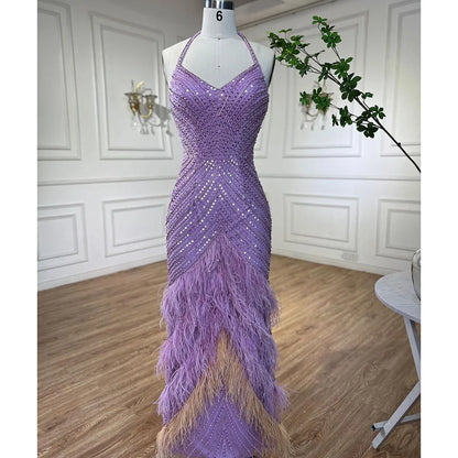 Lilac Feather Halter Mermaid Luxury Dubai Evening Dress LA72056 - SERENE HILL