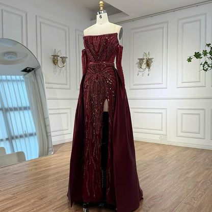 Luxury Wine Red Beaded Evening Dress Gown with Gloves and Overskirt LA72935 - SERENE HILL