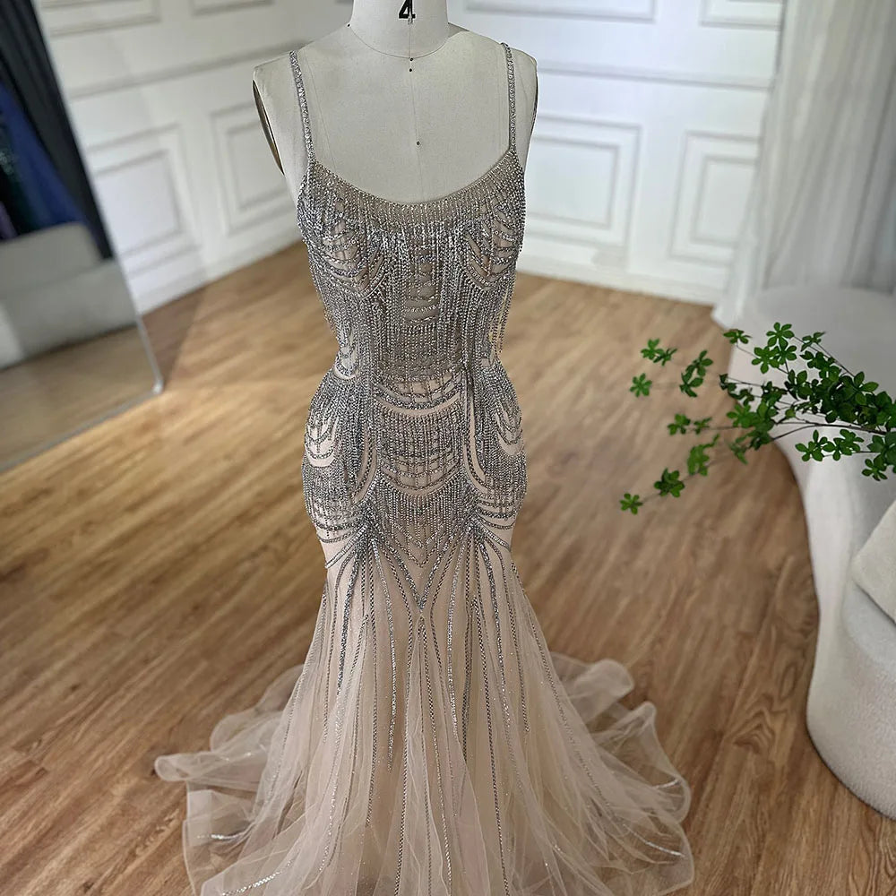 Luxury Nude Pink Crystal Tassel Mermaid Evening Dress LA72772 - SERENE HILL