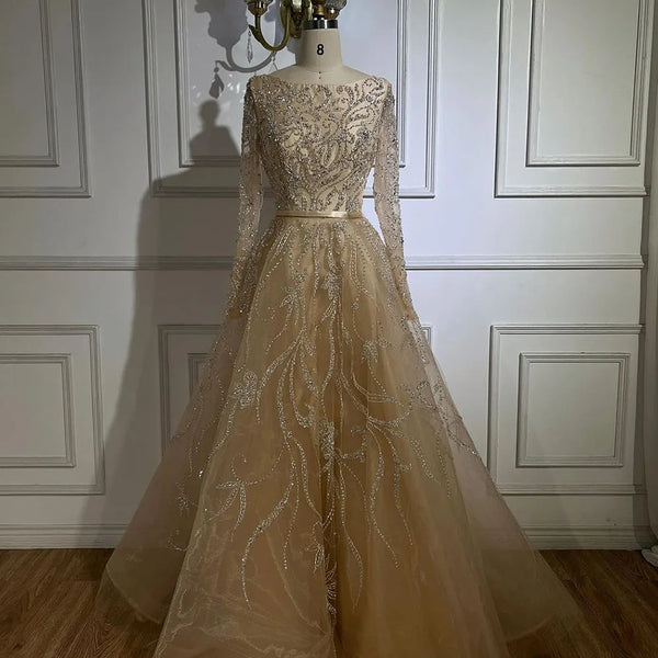 Muslim Nude A-Line Beaded Evening Dress with Long Sleeves LA71596A