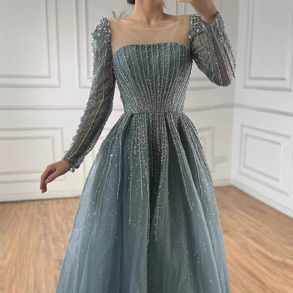 Luxury Arabic Turquoise A-Line Beaded Evening Dress LA72991A - SERENE HILL