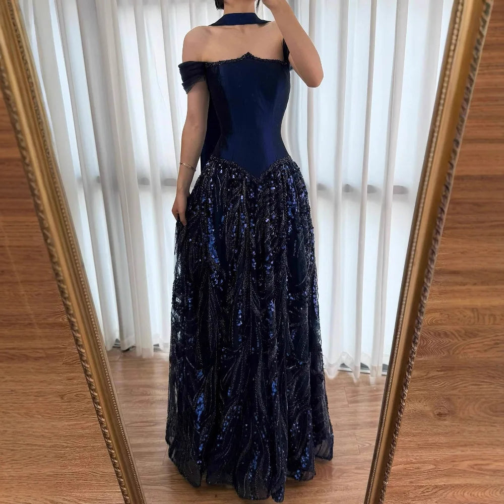 Luxury Arabic Navy A Line Evening Dress with Beading LA73050 Blue / 14 Luxury Arabic Navy A Line Evening Dress with Beading LA73050 Blue / 14