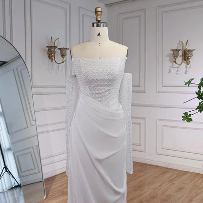 White Beaded Evening Dress with Detachable Sleeves LA72293A - SERENE HILL