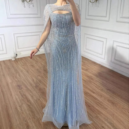 Luxury Blue Diamond Evening Dress With Cape LA73426 - SERENE HILL