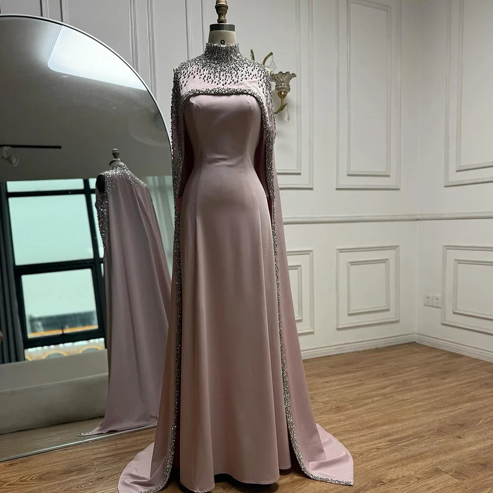 Elegant High Neck Evening Dress with Crystals and Long Cape LA73068 - SERENE HILL