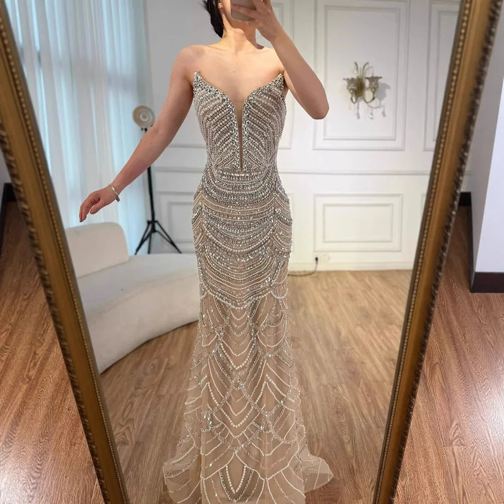 Luxury Nude Silver Beaded Evening Gown with Crystals LA72900 - SERENE HILL
