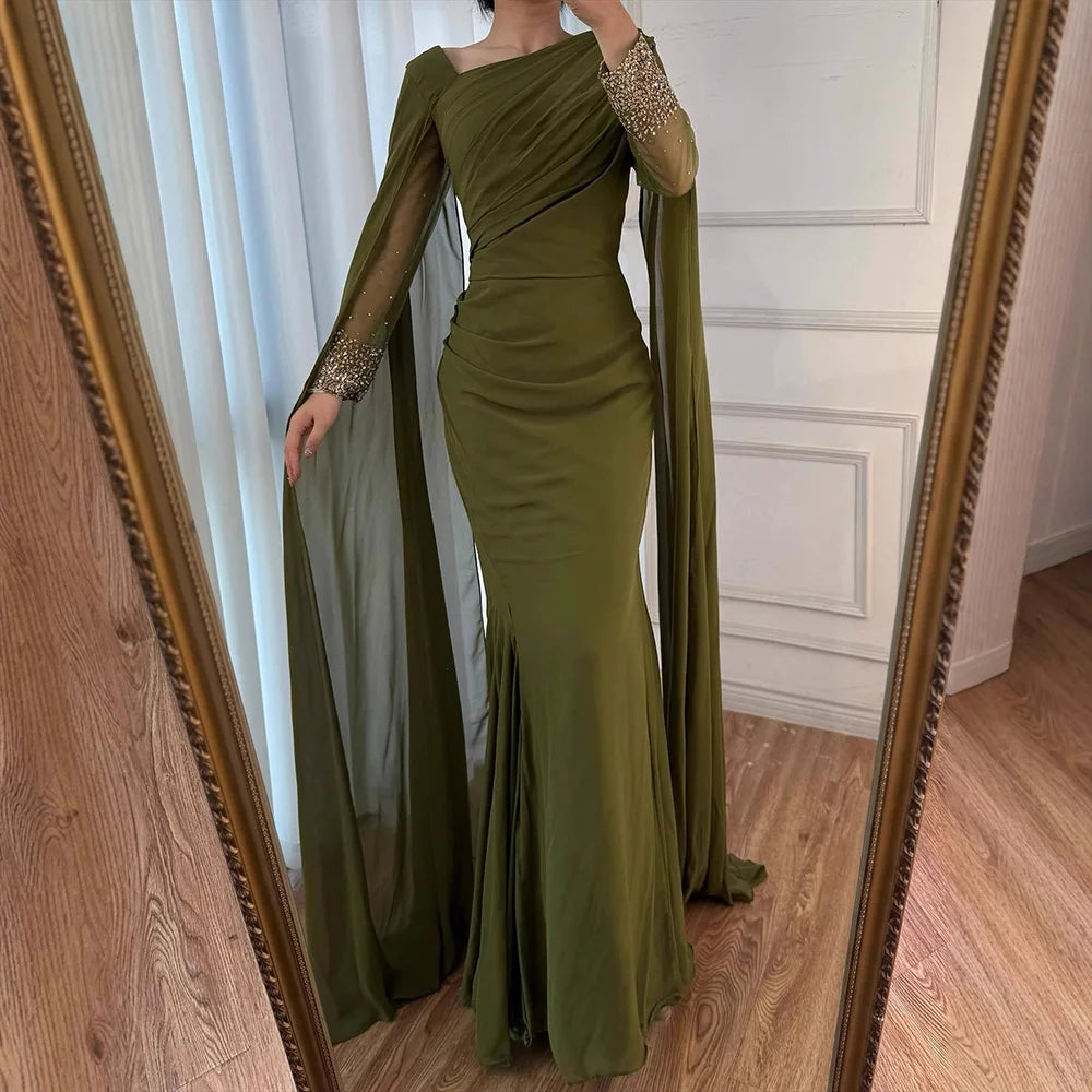 Luxury Olive Green Beaded Stretch Mermaid Evening Dress LA73092 - SERENE HILL