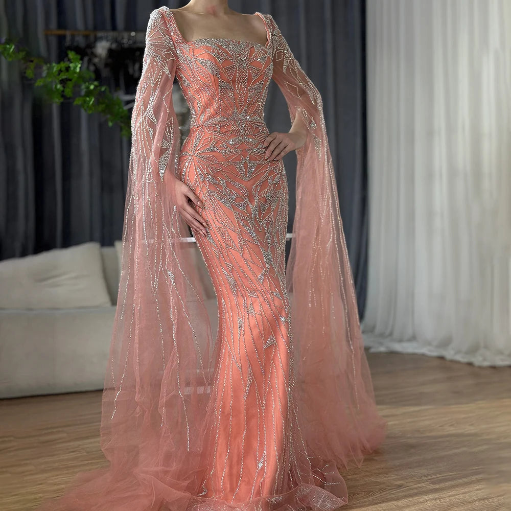 Nude Pink Luxury Evening Dresses with Cape Sleeves LA72261 - SERENE HILL