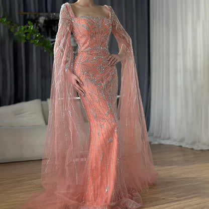 Nude Pink Luxury Evening Dresses with Cape Sleeves LA72261 - SERENE HILL
