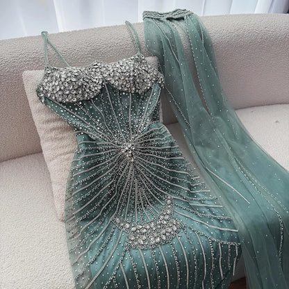Luxury Turquoise Crystal Beaded Evening Dress with Cape LA73202 - SERENE HILL