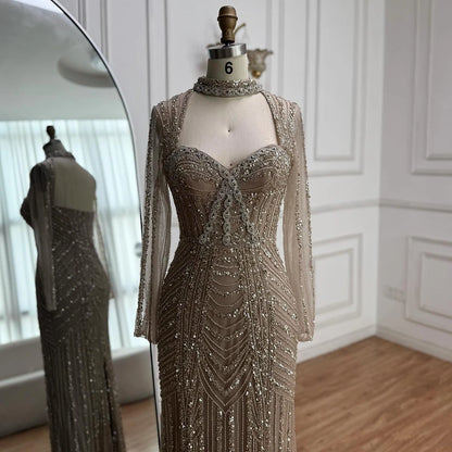 Caramel Beaded Mermaid Evening Dress with Long Sleeves LA72560B - SERENE HILL