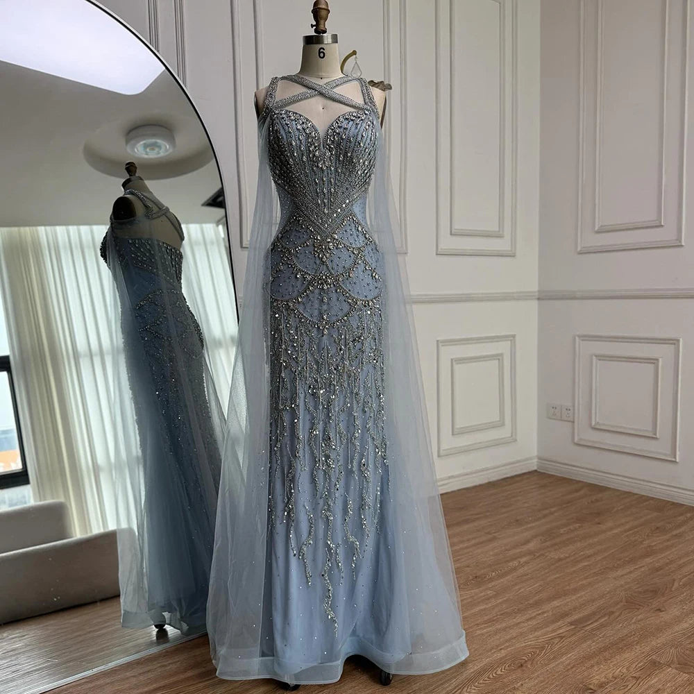 Luxury Nude Cape Sleeves Beaded Crystal Evening Dress LA72806 - SERENE HILL