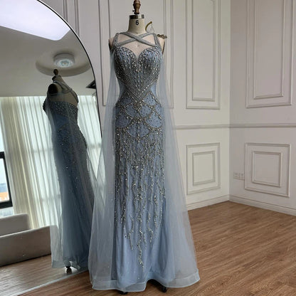 Luxury Nude Cape Sleeves Beaded Crystal Evening Dress LA72806 - SERENE HILL