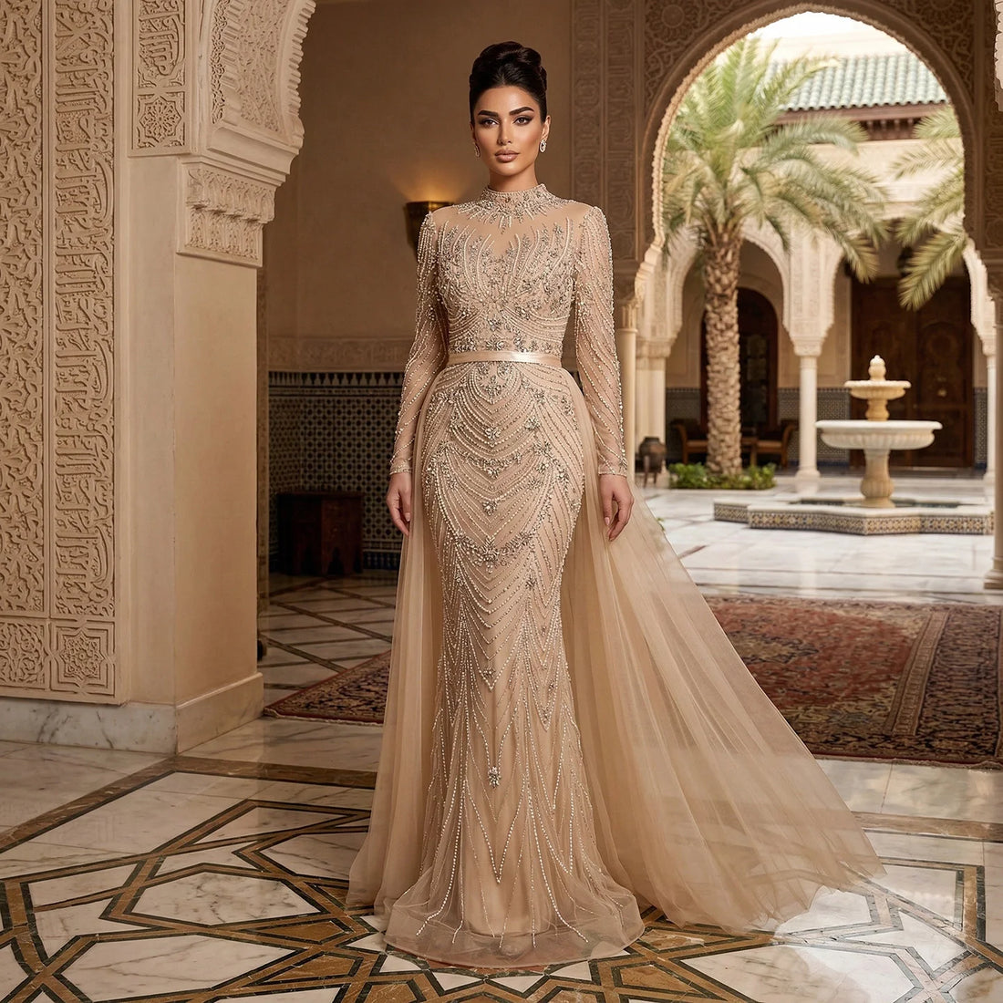 Luxury Pink Beaded Mermaid Evening Dress Long Sleeve LA73158 - SERENE  HILL