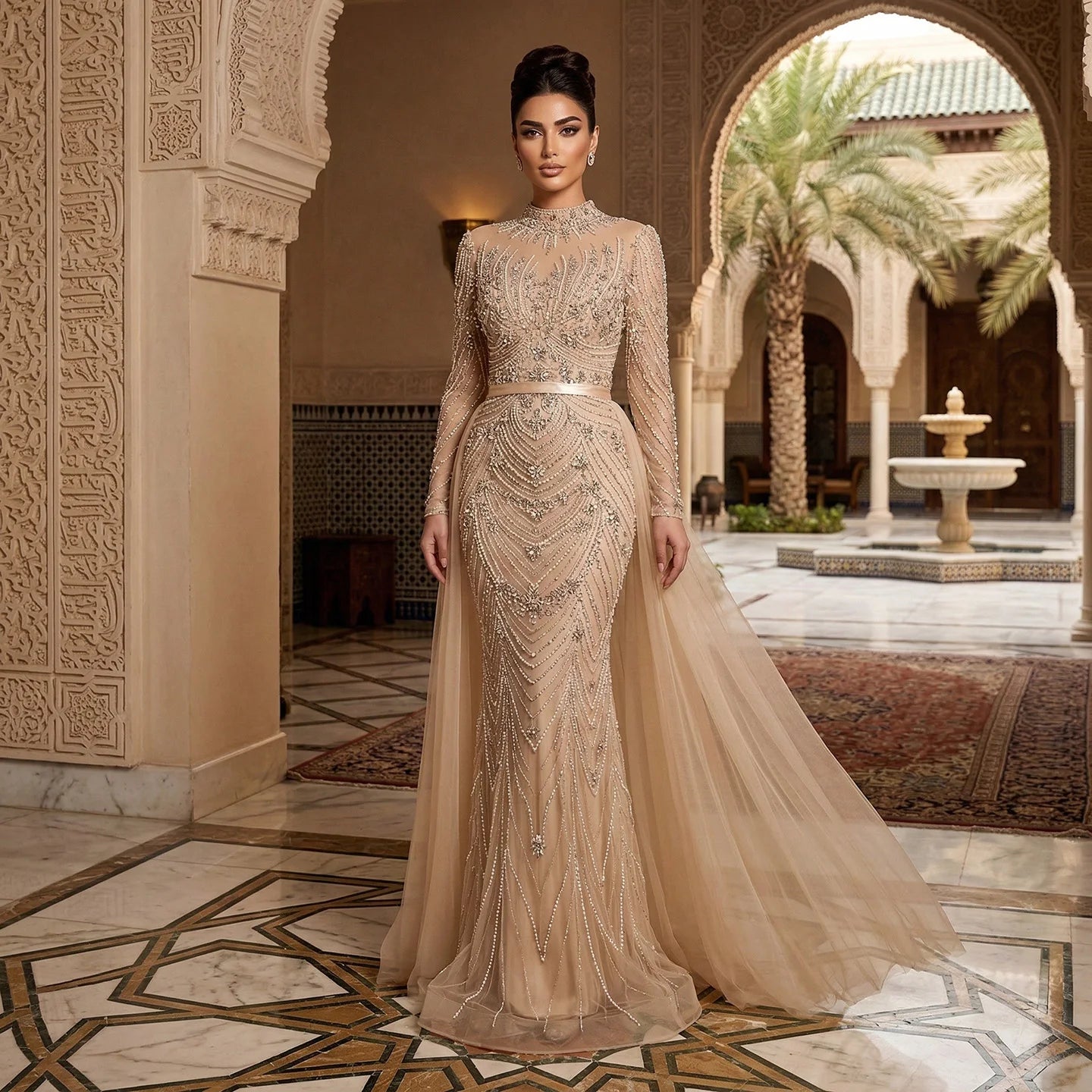 Luxury Pink Beaded Mermaid Evening Dress Long Sleeve LA73158 - SERENE  HILL