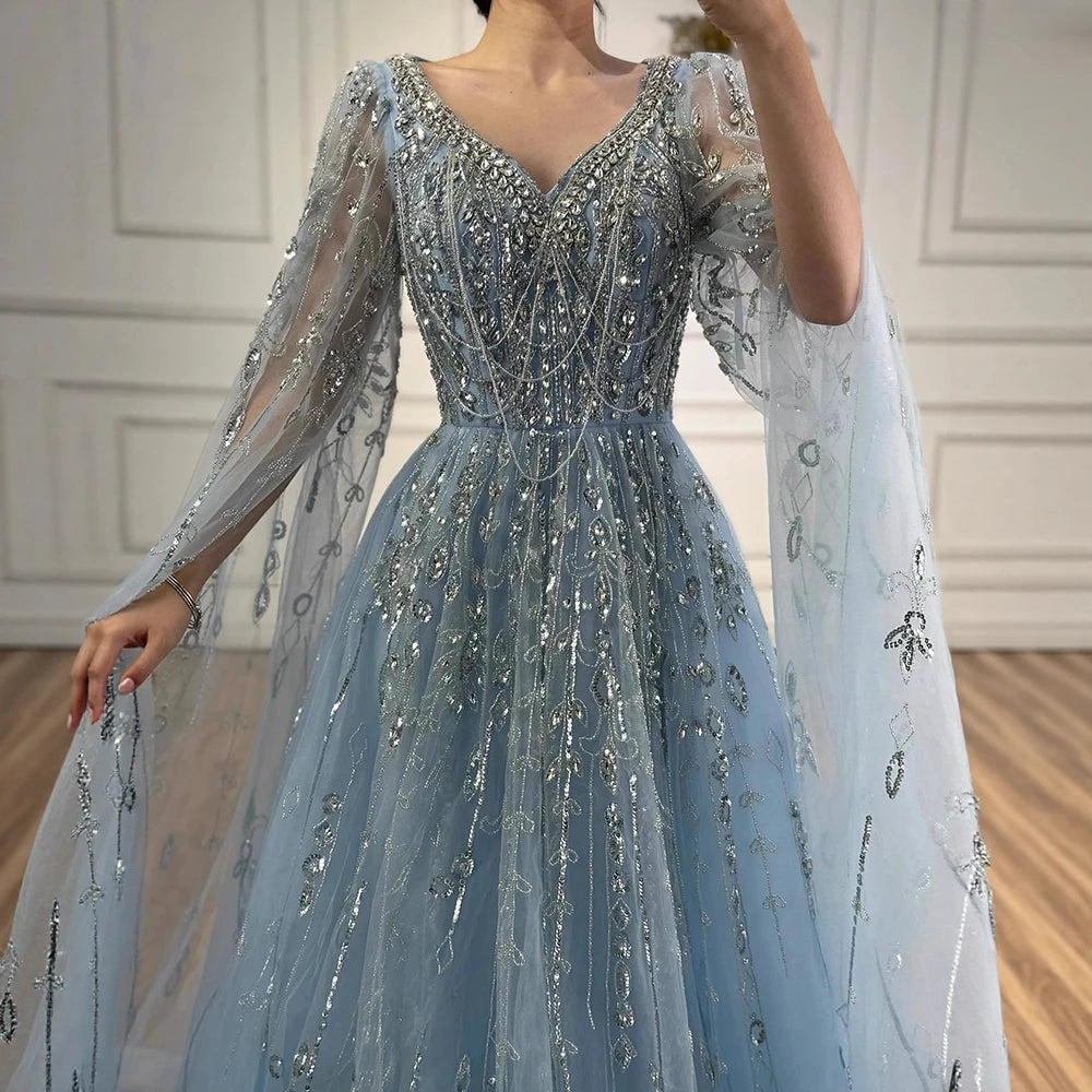 Luxury Nude Beaded Evening Dress with Cape Sleeves for Formal Occasion LA72764A - SERENE HILL