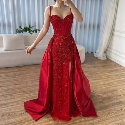 Luxury Red Beaded High Slit Evening Gown with Overskirt LA72936 - SERENE HILL