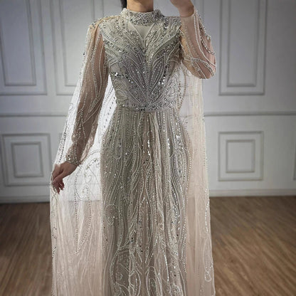 Luxury Sliver Hijab Modest Muslim Beaded Evening Dress LA73215 - SERENE HILL