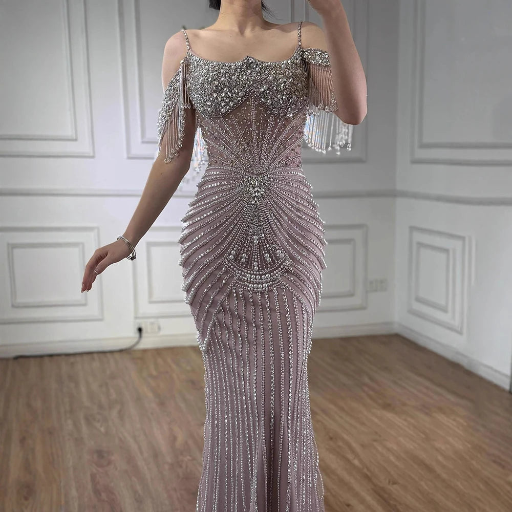 Luxury Sage Green Pearls Beaded Mermaid Evening Dress Off Shoulder LA73148 - SERENE HILL