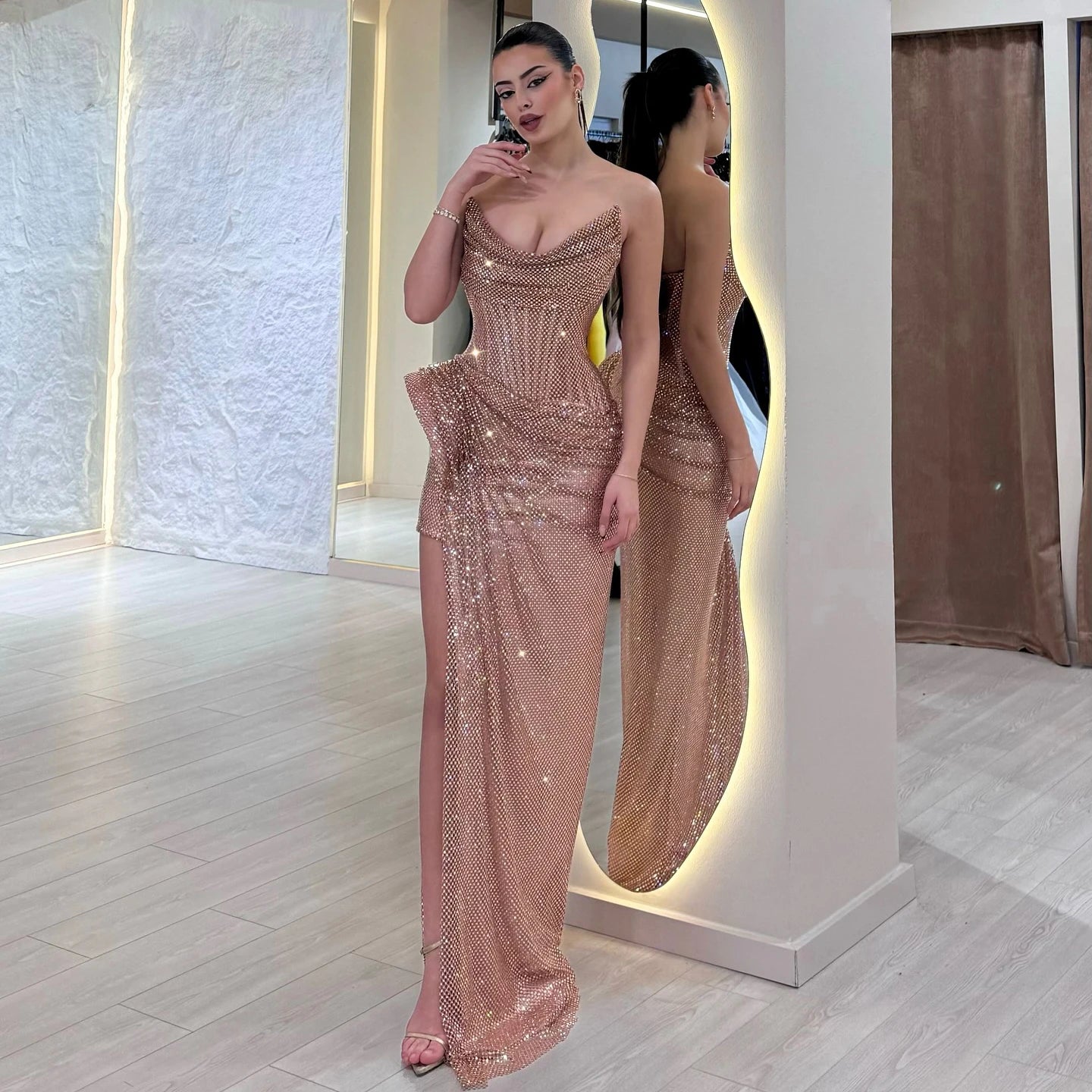 Luxury Rose Gold Saudi Arabic Beaded High Split Evening Dress LA72807B - SERENE HILL