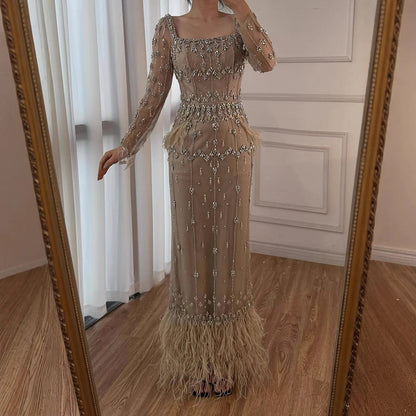 Muslim Luxury Feather Ankle Evening Dress with Long Sleeves LA71722 - SERENE HILL