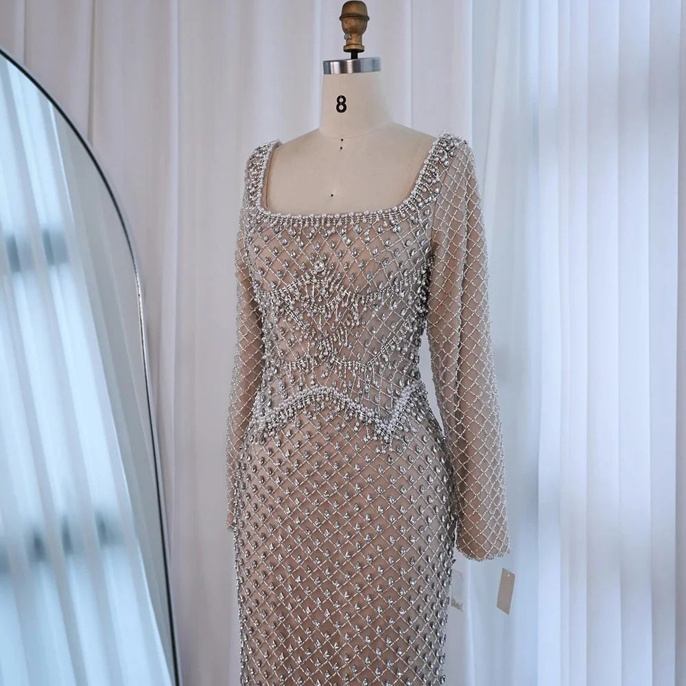 Modest Pearl Beaded Mermaid Evening Dress with Long Sleeves LA72919A - SERENE HILL