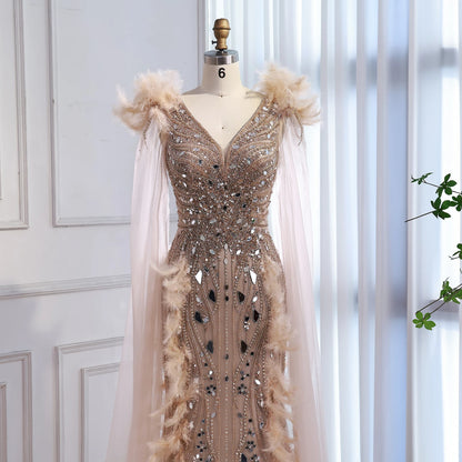 Luxury Caramel Feather Mirror Beaded Mermaid Evening Dress With Cape LA73328 - SERENE HILL