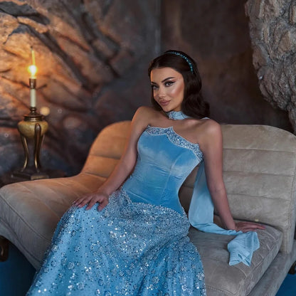 Luxury Blue Beaded A-Line Evening Dress 2025 Formal Gown LA73050B - SERENE HILL