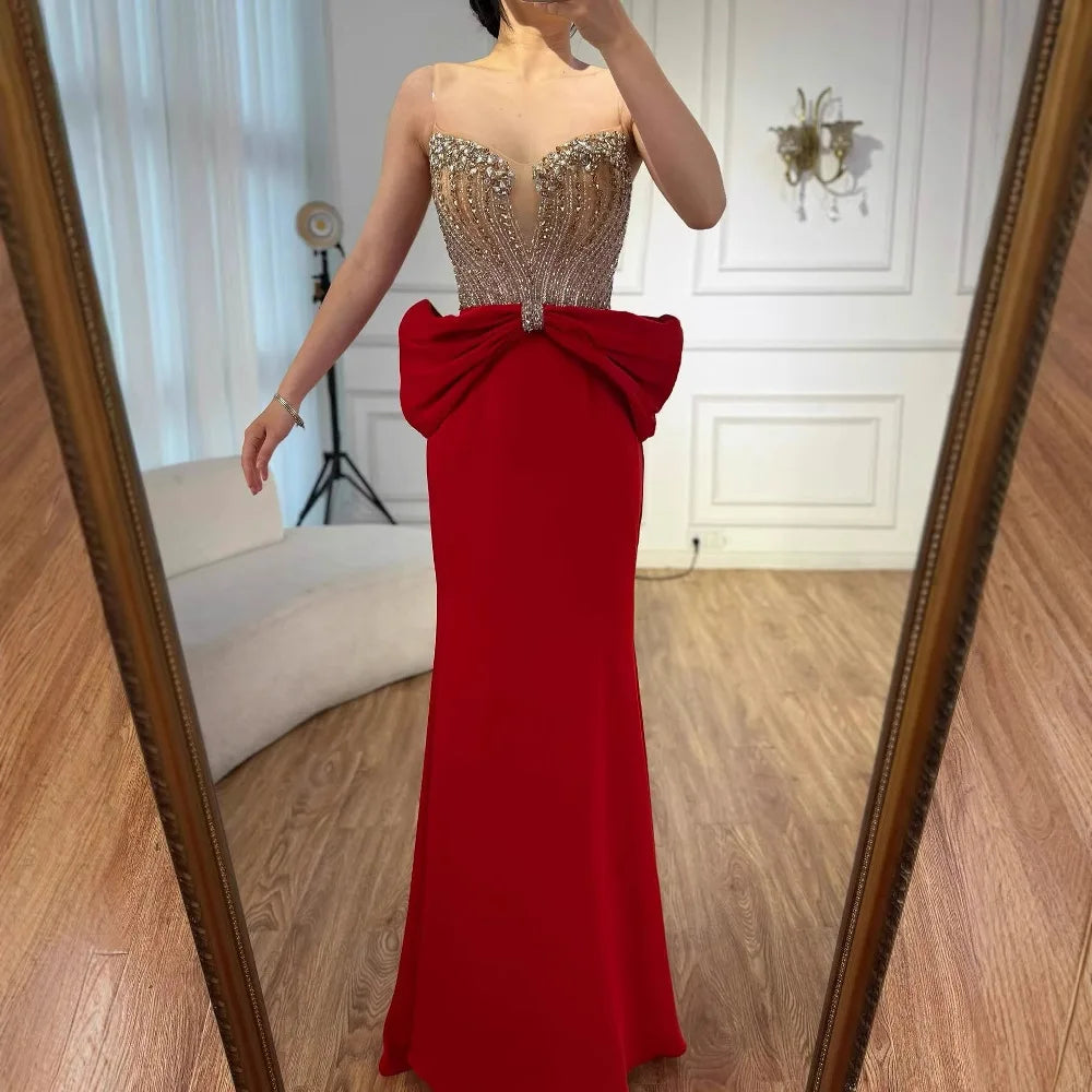 Designer Red Satin Evening Dress with Bow LA73060 - SERENE HILL