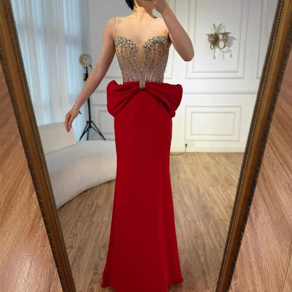 Designer Red Satin Evening Dress with Bow LA73060 - SERENE HILL