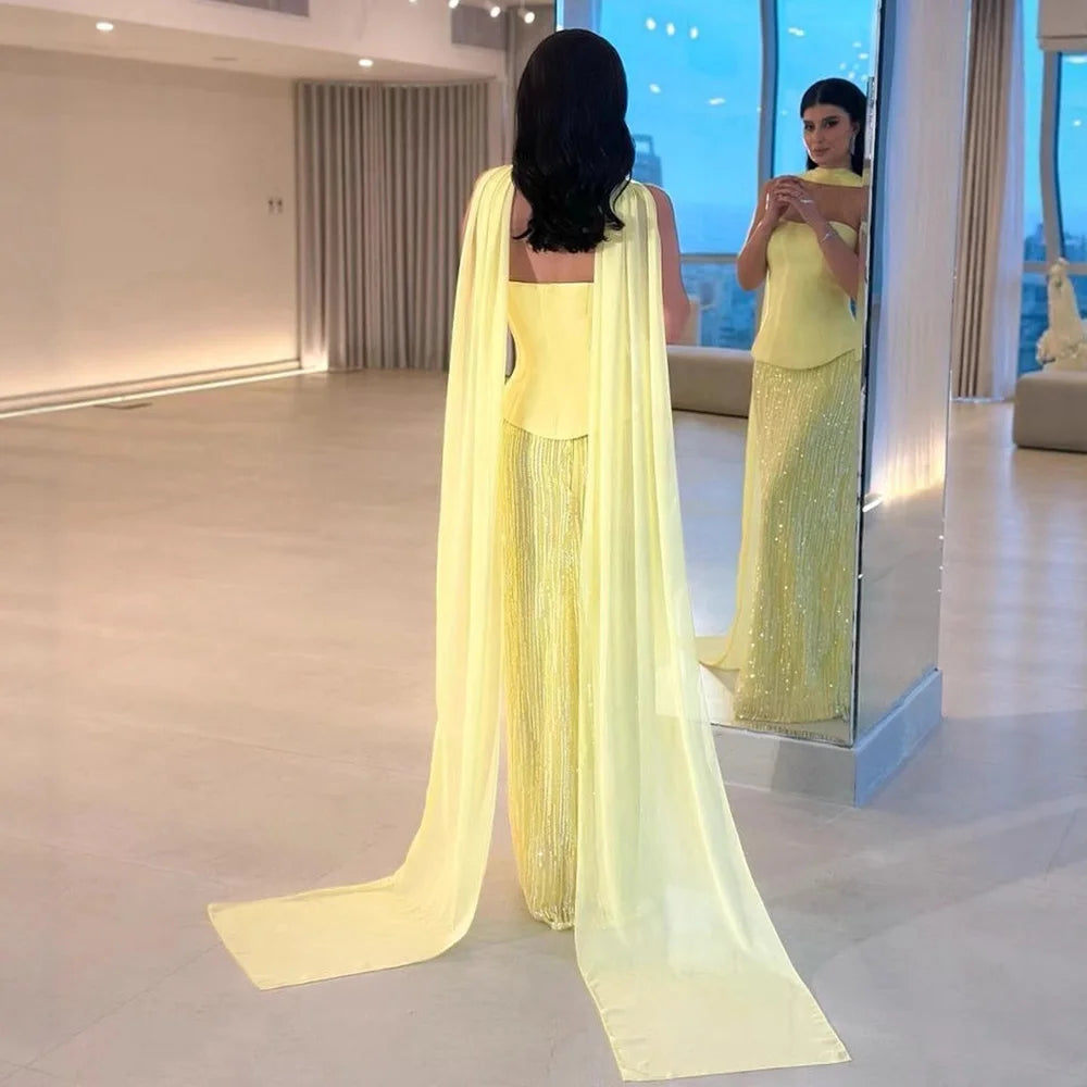 Luxury Yellow Chiffon Mermaid Evening Dress with Cape LA73007 - SERENE HILL
