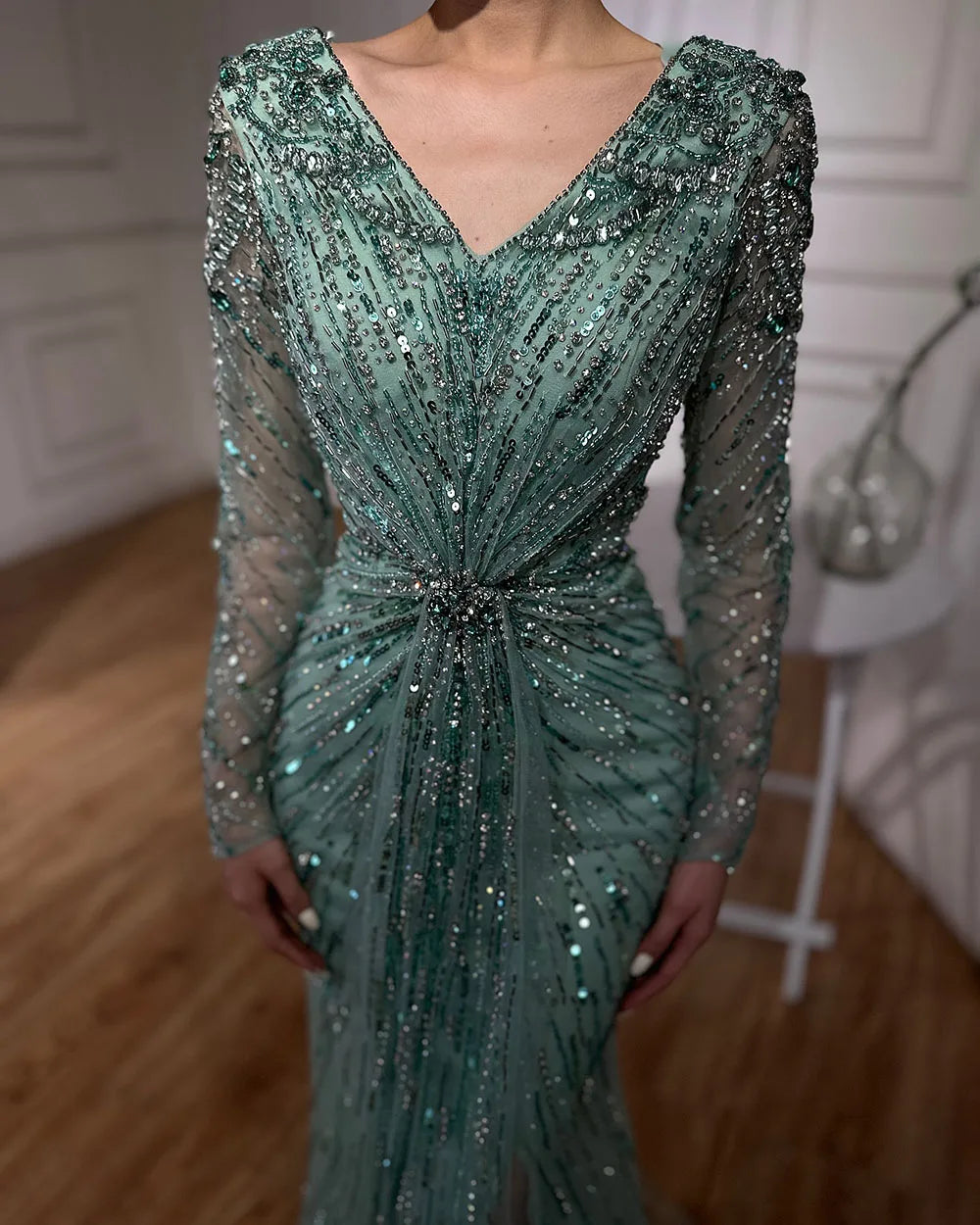 Luxury Designer Arabic Turquoise Mermaid Split Evening Dresses Gowns With LA72007 Gold / 4