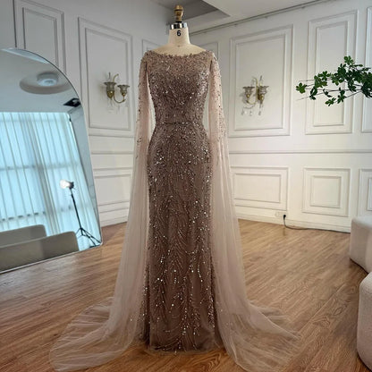 Luxury Caramel Beaded Evening Dress with Cape Sleeves LA73078 - SERENE HILL
