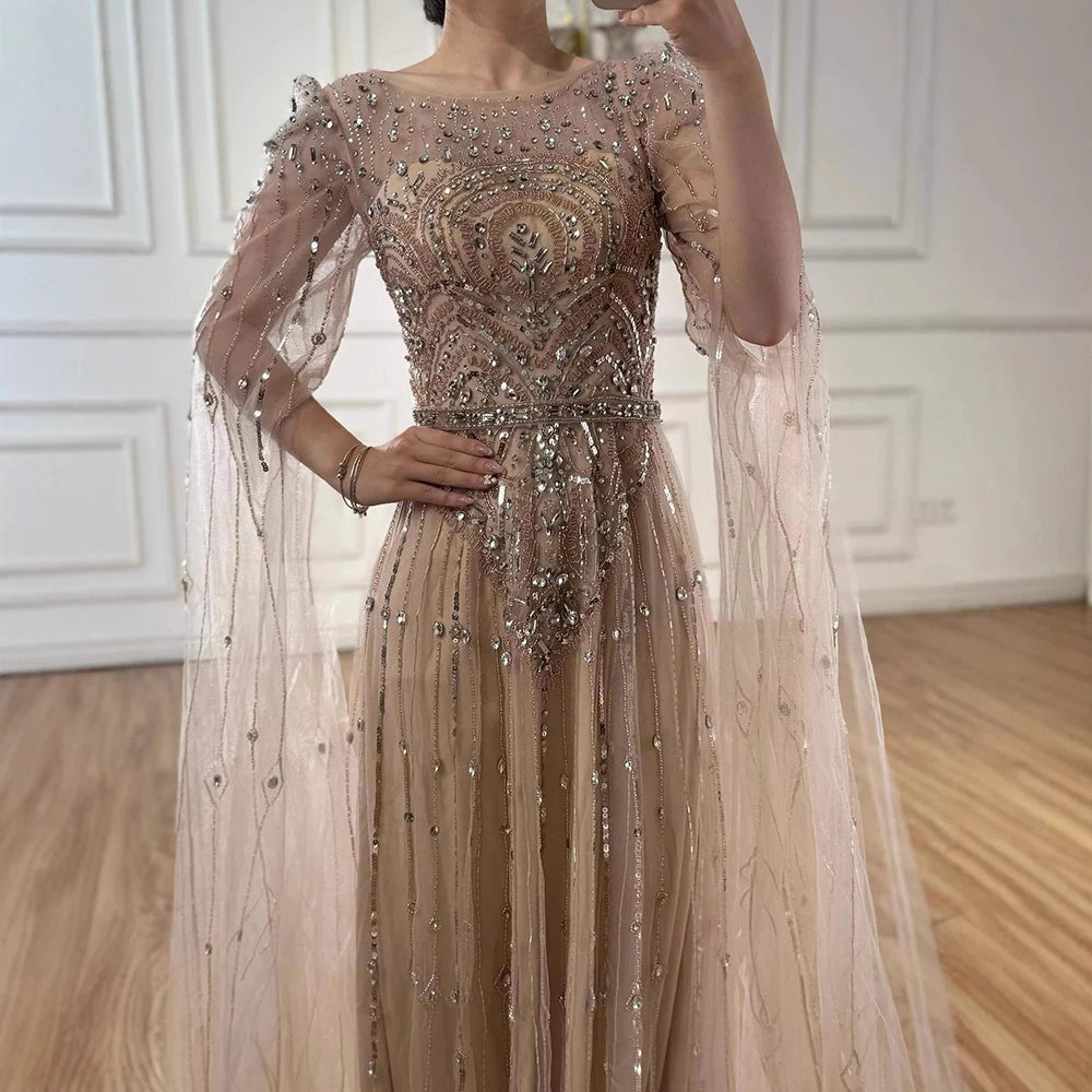 Luxury Designer Blue Beaded Stone Arabic Evening Dress With Cape Sleeve LA72635 - SERENE HILL