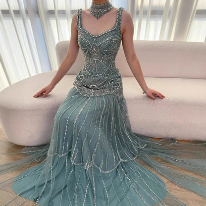 Luxury Turquoise Arabic Mermaid Beaded Evening Dress LA73189B - SERENE HILL