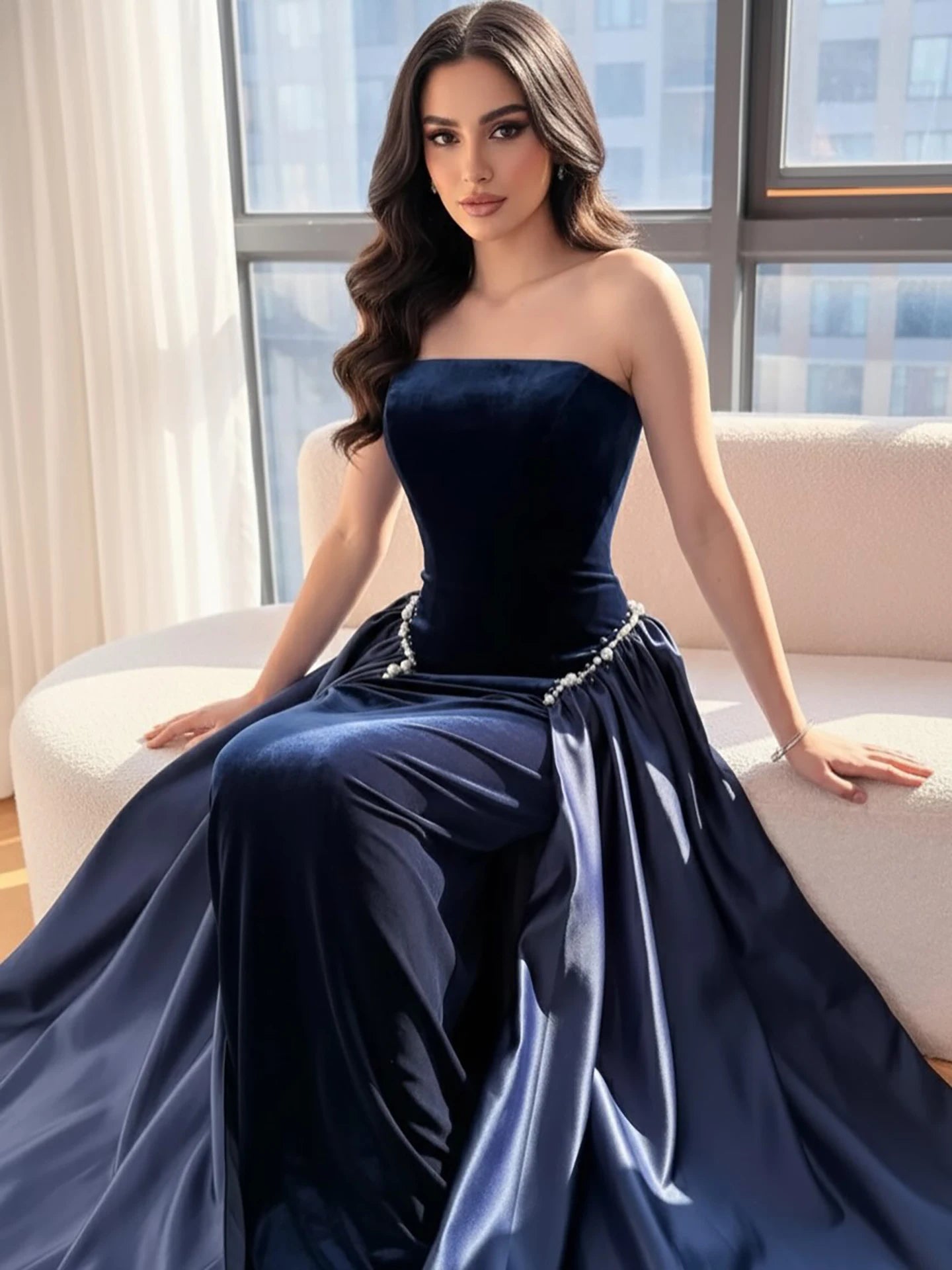 Luxury Navy Blue Mermaid Pearls Evening Dress Gowns With Skirt LA73351 - SERENE HILL