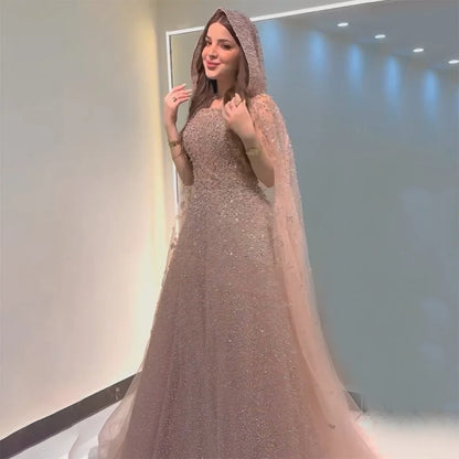 Luxury Dubai Saudi Arabic Turquoise Evening Gown with Beaded Dress and Elegant Hooded Cape for Formal Occasion LA72659A - SERENE HILL